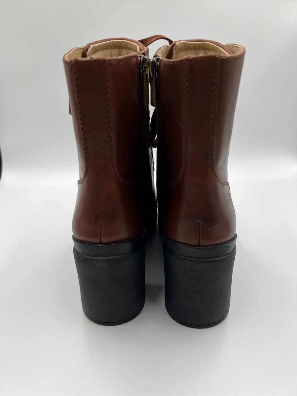 Abeo Metropolis lace short ankle boots zipper chunky heel boho granny brown 8